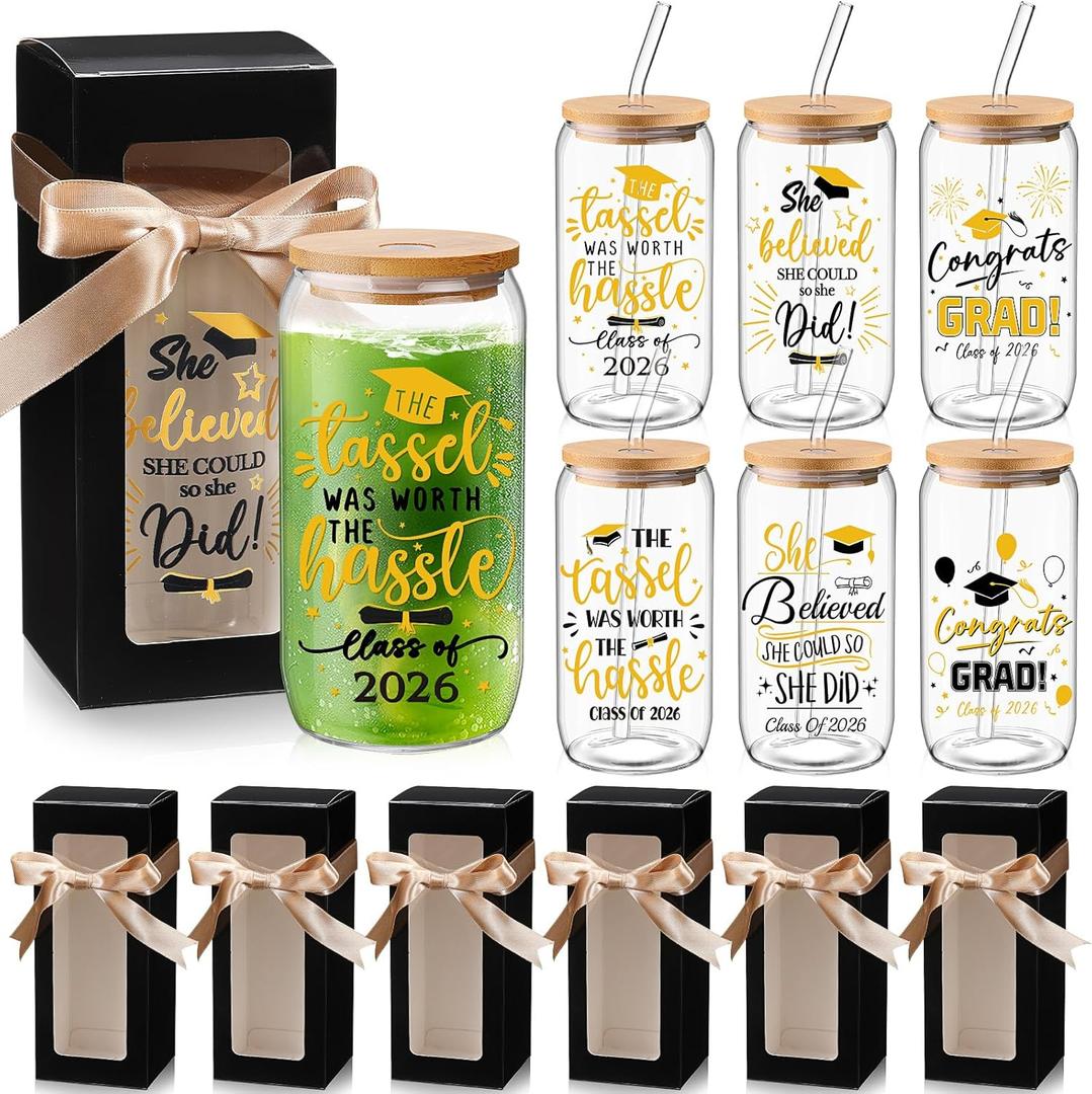 6 Sets Graduation Gifts for Her Graduation Glass Cups Class of 2026 College Cup 16 oz Can Shaped Beer Glass with Lids Straws Brushes Class of 2026 Gift Box Ribbon(Black Gold)