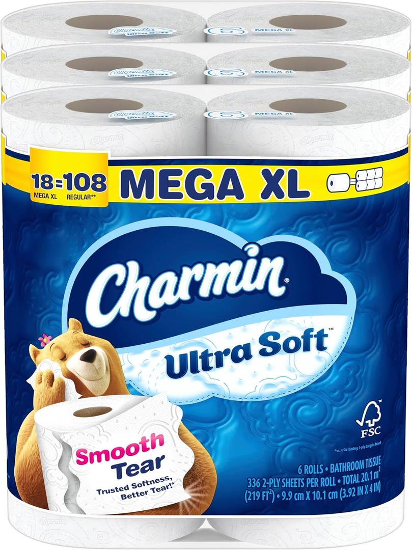 Charmin Ultra Soft Toilet Paper, 18 Mega XL Rolls = 108 Regular Rolls (336 sheet (Pack of 18))