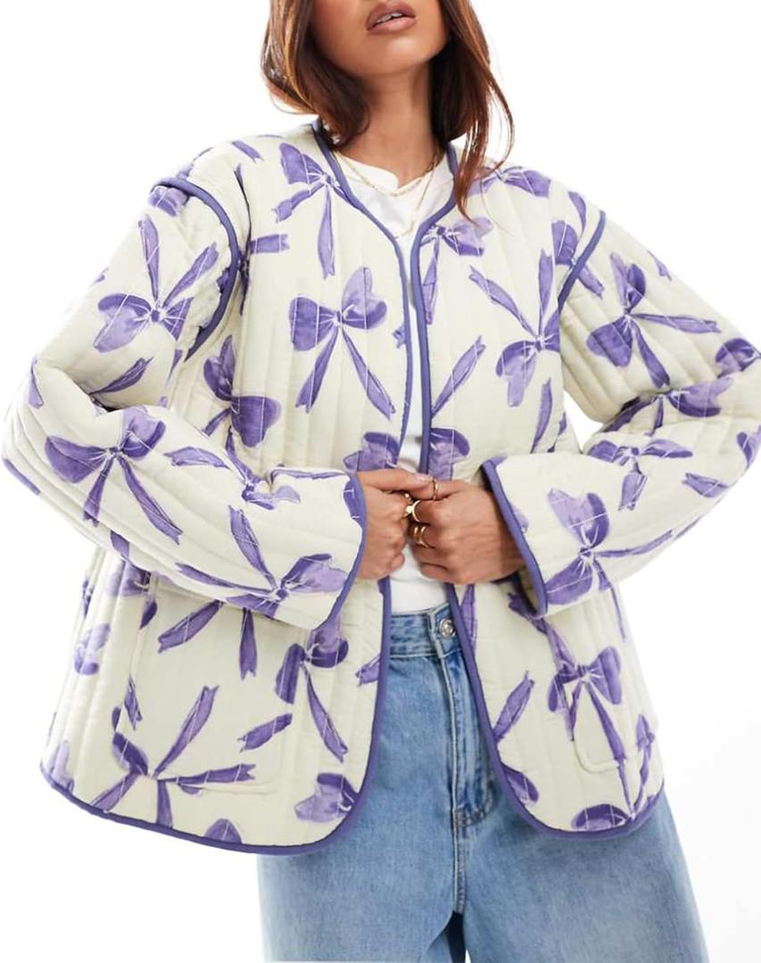 Women's Leopard Quilted Jacket Tie Front Lightweight Puffer Padded Coats with Pockets (Purple) XL