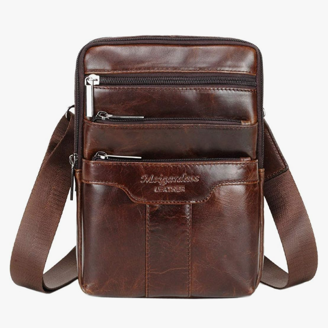 Hebetag Small Leather Sling Shoulder Bag Messenger Pack for Men Women Outdoor Travel Business