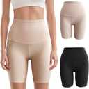 Tummy Control Shapewear Shorts for Women: High Waisted Biker Body Shaper (Rugby tan and Black 2Pcs, L)