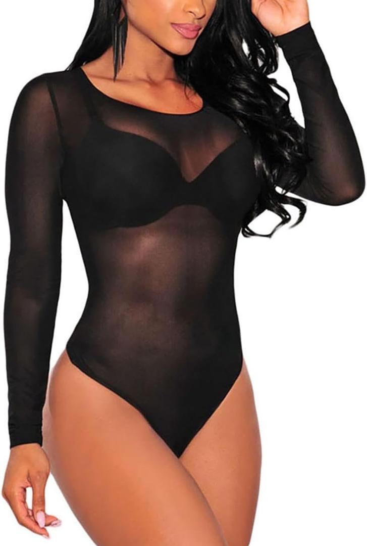 SEBOWEL Women Long Sleeves Mesh See Through Jumpsuit Bodysuit Top Leotard (Black, M)