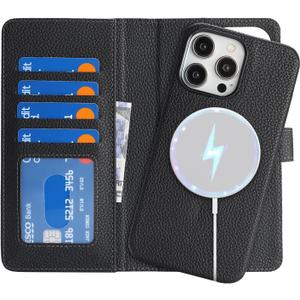 Zouzt for iPhone 15 Pro Max Case Detachable Wallet Case with 4 Card Slot, Card Holder Magnetic 2 in 1 Premium PU Leather Flip Folio Kickstand Shockproof Phone Cover 6.7 Inch New - Black