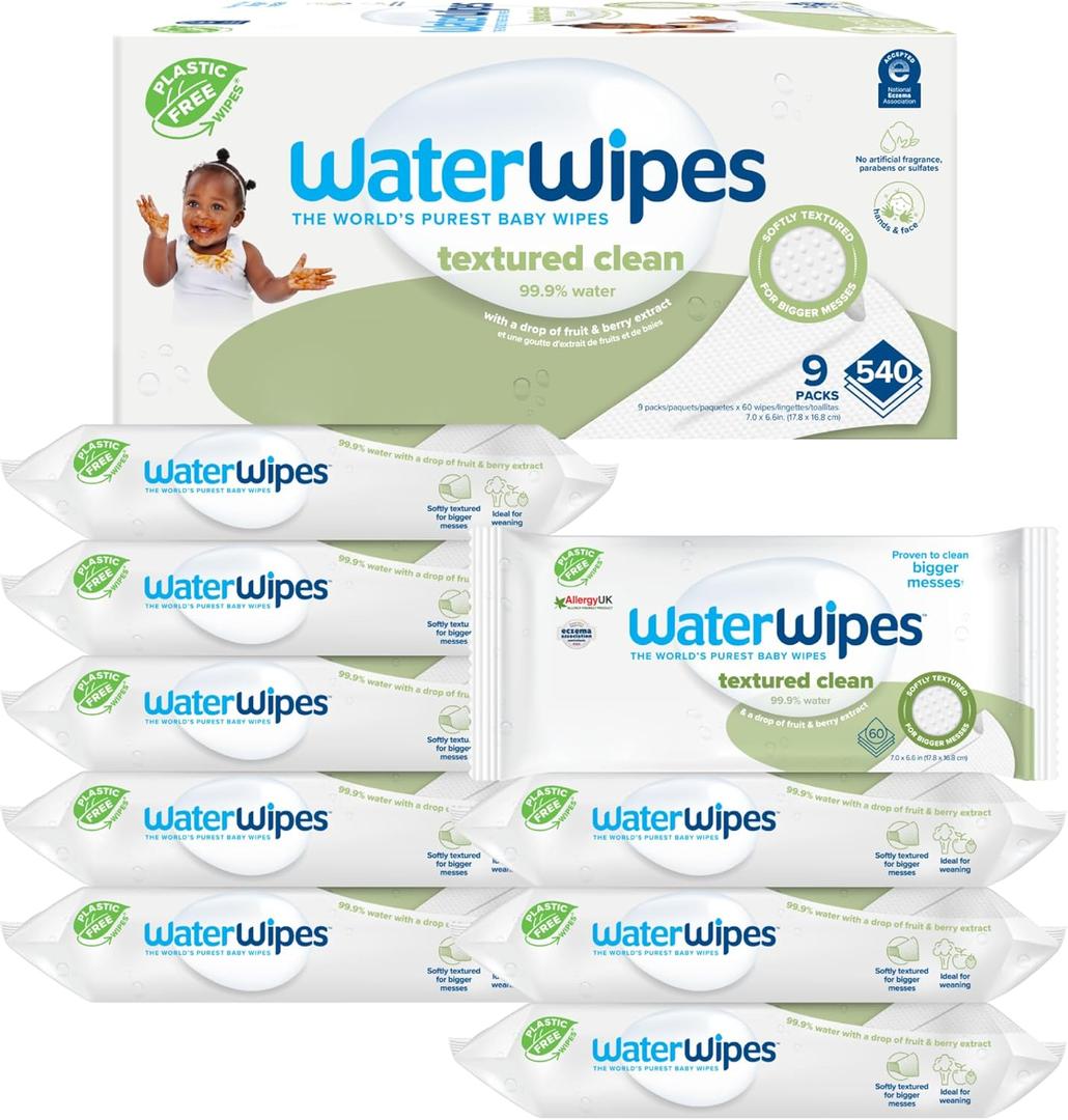 WaterWipes Plastic-Free Textured Clean, Toddler & Baby Wipes, 99.9% Water Based Wipes, Unscented & Hypoallergenic for Sensitive Skin, 540 Count (9 packs), Packaging May Vary