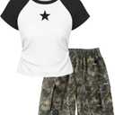 Girls Summer Outfits 2-Piece Clothes Color Block Print Short Sleeve Top and Camo Short Sets Teen Girl Clothes 6-16Y (6-7 Years, Black)