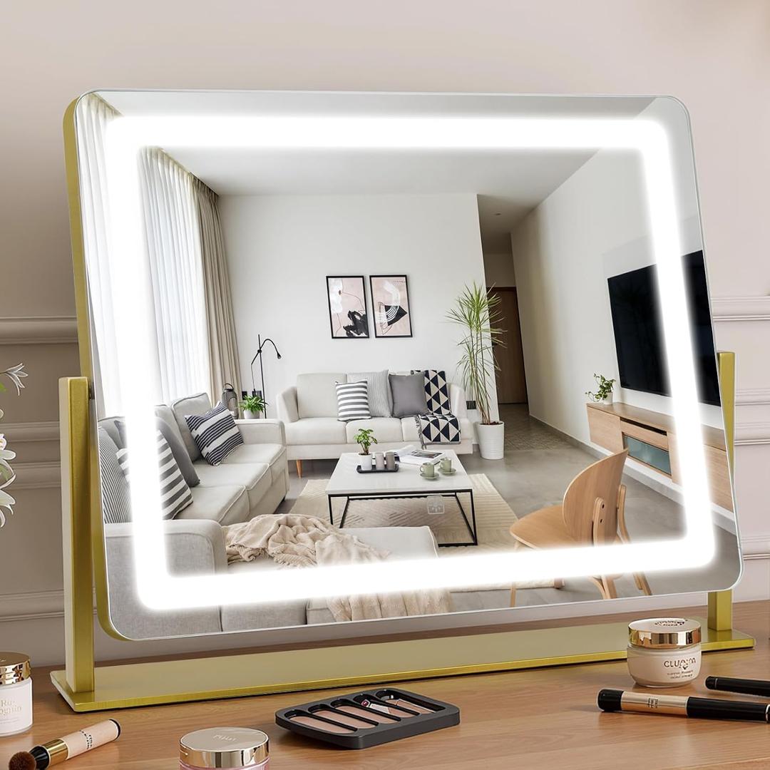 Vanity Mirror with Lights 22"×17", Large LED Makeup Mirror with Light, Smart Touch with 3-Color Lighting, Dimmable, 360° Rotation, Desk Mirror, Vanity Mirror Tabletop (Gold)
