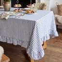 Scalloped Ruffle Tablecloths Embroidery Rectangle 84 x 60 Inches, Amalfi Stripe Design Blue and White Tablecloths for Dinners, Parties, Spring, Holiday, New Year, Machine Washable