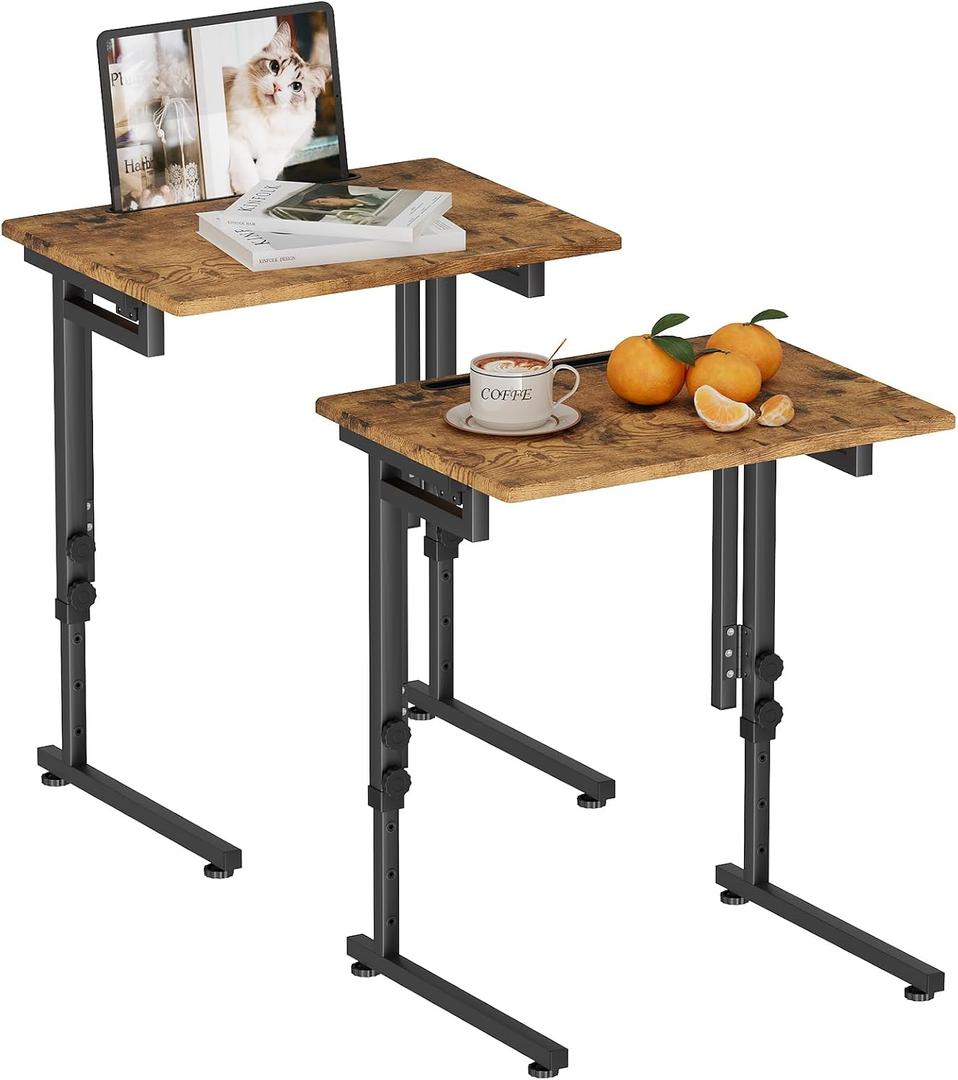 Adjustable Folding TV Tray Table,TV Dinner Small Foldable C-Shaped End Table for Eating,6 Height Adjustable Slide Under Couch Side with Sturdy MDF Top,No Assembly(Brown, 2Pcs)