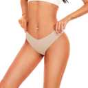 Hellopopgo Seamless Thongs For Women V-waisted No Show Thong Seamless Panties Breathable Comfortable Underwear Womens 6-Pack (Beige, L)