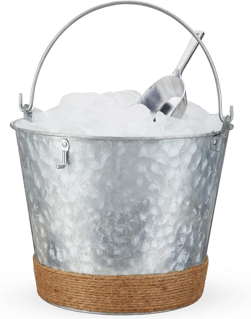 Twine Farmhouse Ice Bucket with Scoop - Beverage Tub Wrapped with Rope for Parties - Galvanized Metal Bucket Cooler & Drink Tub Holds 1 Gallon (Set of 1)