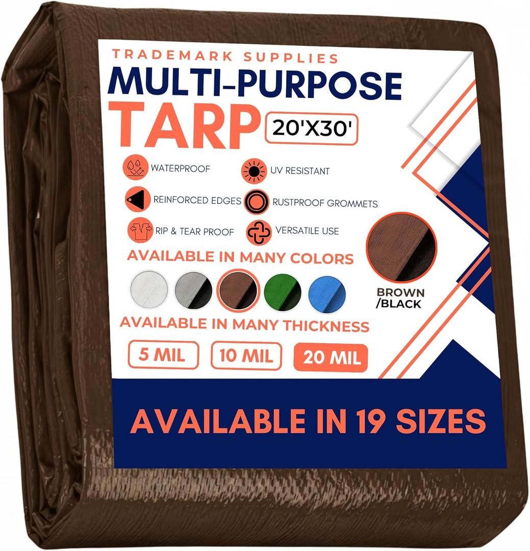 Tarp Cover Brown/Black Heavy Duty 20 Mill Thick Material, Waterproof 20'X30' Great for Tarpaulin Canopy Tent, Boat, RV Or Pool Cover! by Trademark Supplies (Poly Tarp 20X30, Ultra Thick)