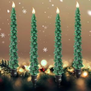 4 Pcs 10 Inch Christmas Tree Candles, Natural Beeswax Christmas Tree Shaped Candles for Xmas Decor, Unscented Christmas Tree Taper Candles for Holiday Decoration, Party, Banquet(Green)