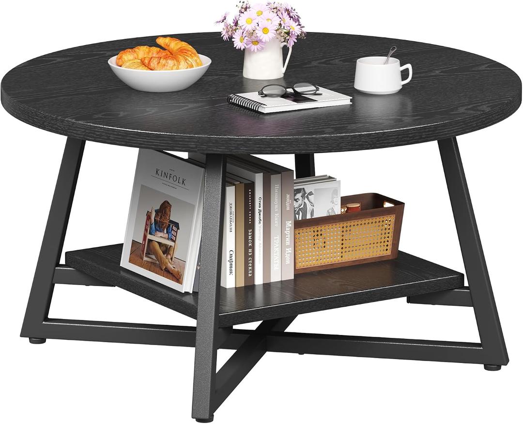 Coffee Table for Living Room, Round Coffee Table, Small Circle Coffee Table with Storage, Modern Wood Round Center Table for Home Office, Small Space, Easy Assembly, Black, Regular