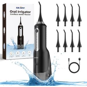 Sejoy Cordless Water Flosser, Water Dental Flosser Electric Water Flossers for Teeth Portable Oral Irrigator Rechargeable for Home Travel Office, 270ML IPX7 Waterproof 5 Cleaning Modes and 8 Jet Tips (Black)