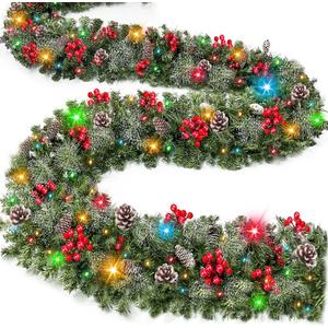[ Timer & 8 Modes ] TURNMEON 9 Ft Christmas Garland with 50 Colorful Lights Thicker 270 Branchs Tips 10 Pinecones 70 Red Berries Lighted Garland Christmas Decorations Mantel