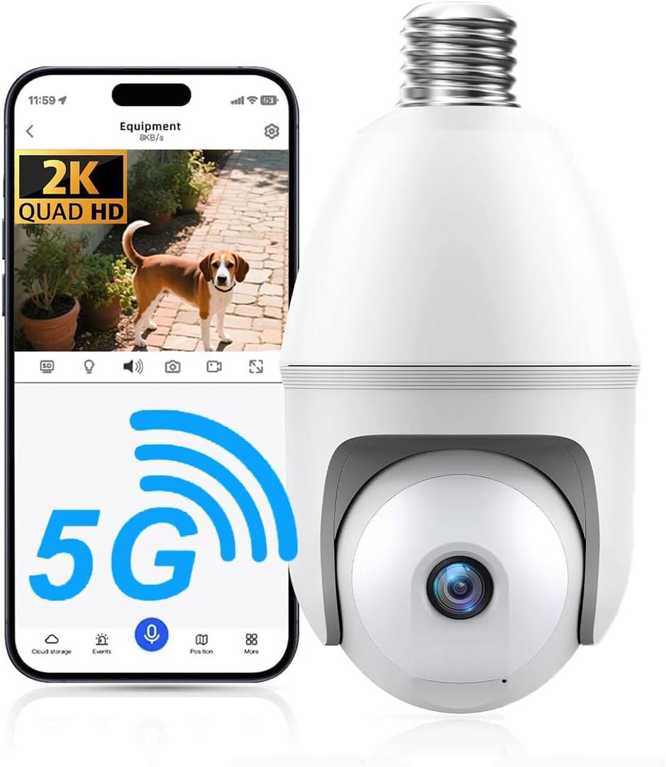 Light Bulb Camera, 2K Wireless Outdoor Camera, 5G/2.4G Light Bulb Security Camera with AI Human Detection, Color Night Vision, Motion Alerts, 2-Way Audio, Compatible with Alexa