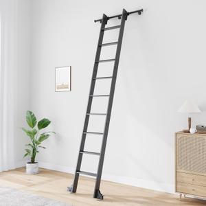 Fredbeck 10FT Rolling Library Aluminium Step Ladder 120" with 4FT Sliding Hardware Track Kit Bottom Wheel Included,for Kitchen,Loft,Warehouses,Bookstore,Atti,Dressing Room,Metal Black