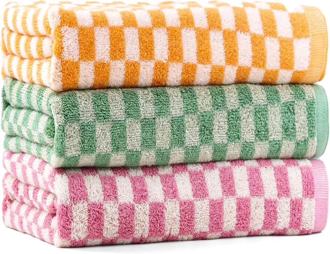 Checkered Bath Towels Set of 3, 100% Cotton Bath Towels Large, 600GSM, 55 * 28 in, Luxury Shower Towels for Bathroom, Soft Absorbent Quick-DryOrange+Dark Green+Pink
