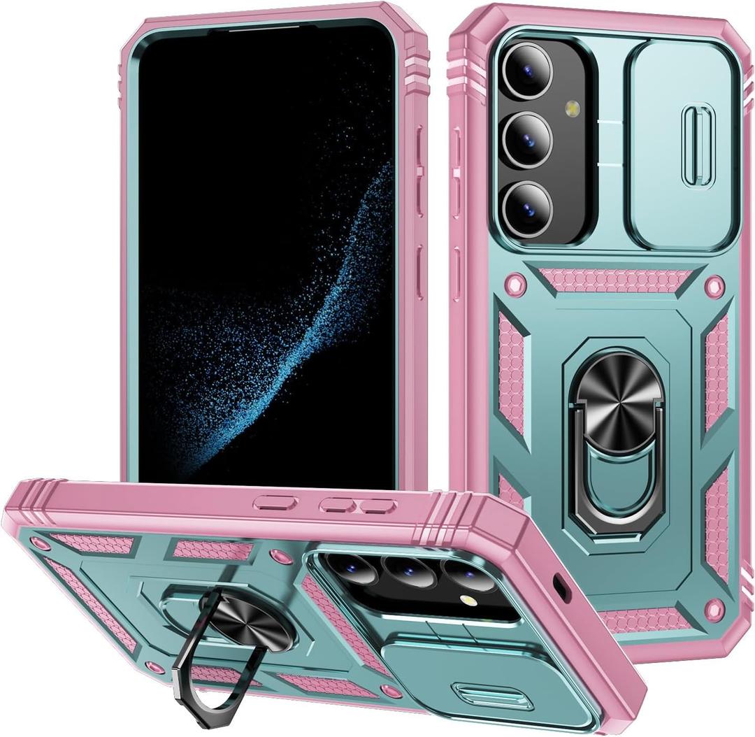 for Samsung Galaxy S24 Case Military Grade Drop Shock Protection Cell Phone Cover with Slide Camera Cover Built-in 360 Rotate Ring Stand for Galaxy S24 6.2 - Pink