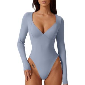 QINSEN Women's Long Sleeve Bodysuit V Neck Body Suits Seamed Cup Going Out Tops Shirt (Large, County Blue)