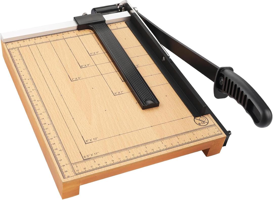 MROCO Heavy Duty Guillotine Paper Cutter & Paper Trimmer, 12" Cut Length, Automatic Clamp, Adjustable Guide, Wood Base with millimeters/inches Gridlines