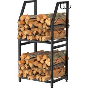 VyGrow Firewood Rack for Indoor, 2-Tier Firewood Holder with 3 Hanging Hooks, Heavy Duty Wood Rack for Outdoor Patio, Black (15.7"W)