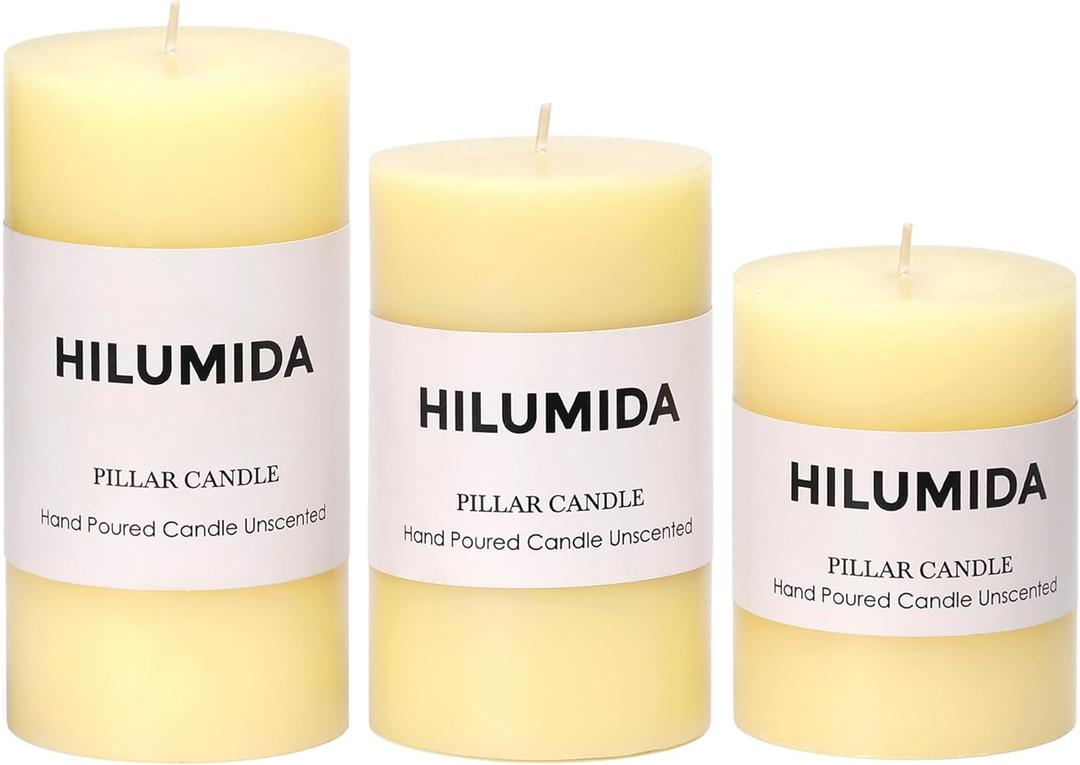 Ivory Pillar Candles Set of 3 - Hand-Poured Unscented Candles, 4", 5", 6" Smokeless Decorative Candles for Home, Set of 3 in Different Sizes