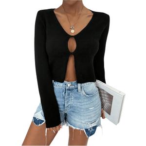BEAUDRM Women's Y2K Cut Out Sweater V Neck Split Cropped Sweater Open Front Long Sleeve Knitted Pullover Tops Streetwear Black Small
