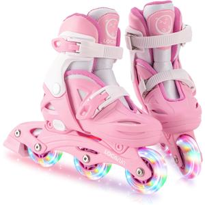 LOCAVUN Inline Skates for Girls and Kids, Roller Skates Blades with 4 Size Adjustable Light up Wheels for Kids Girls Beginner Ages 4-8 5-8 6-12 8-12 Indoor Outdoor(Pink, Small - (US 9C-12C))