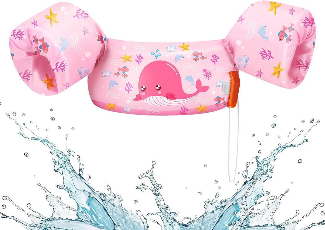 HeySplash Swim Vest for Kids, Toddler Pool Floaties, Children Swimming Vest with Adjustable Strap, Swim Jacket Water Wing Arm Float, Puddle Sea Beach Boat Jumper Boy Girl Baby (B Pink Whale)