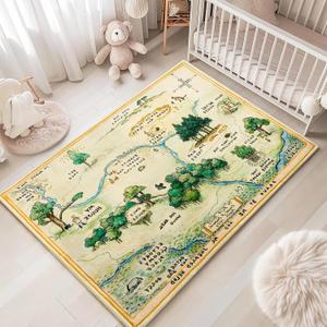Estmy 5x7 Washable Nursery Rug, Cute Woodland Kids Play Rug for Girls Boys Neutral Soft Crawling Play Mat for Classroom Children Toddlers Bedroom Stain Resistant Easy Clean, 100 Acre Wood Map Carpet (Green)