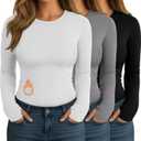 3 Pack Women's Plus Size Thermal Shirts Fleece Lined Long Sleeve Crew Neck Tops Slim Fit Shirts with Thumb Holes (XX-Large, Black, White, Gray)