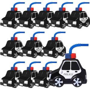 Tanlade 12 Set Police Car Cups with Straws, Police Birthday Party Decoration for Kids,10oz Plastic Transportation Shape Cup Reusable Traffic Vehicle Birthday Party Favor for Car