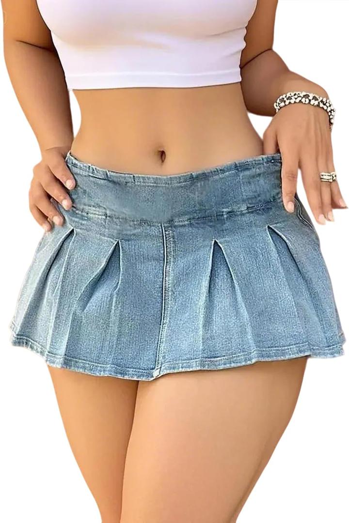 Avanova Women Denim Jean Ruffle Pleated Mini Skirt Low Rise Zip Micro Short Skirts Blue X-Large (XL)