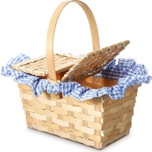 Mini Picnic Basket with Lid and Handle Small Gingham Woven Picnic Hamper for Outdoor Camping Easter Halloween(Blue and White)