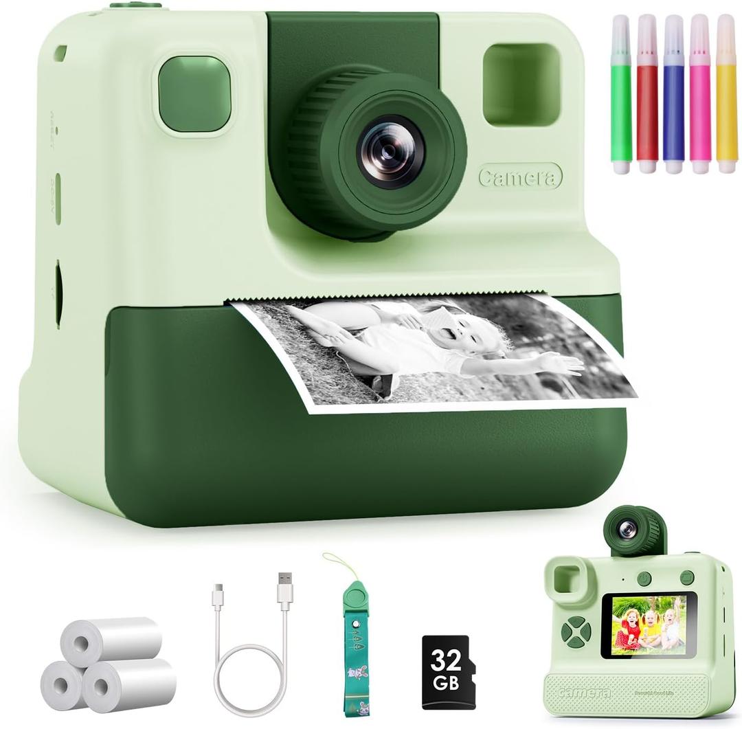 Kids Camera Instant Print, Christmas Birthday Gifts for Girl Boys 3-12 Years Old, FHD Selfie Digital Video Cameras Toddler 3 Rolls Print Paper & 32G Card (Retro, Green-White)