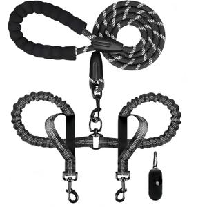 Dual Dog Leash for Two Dogs, 360 Swivel Tangle-Free Walking & Training, Heavy Duty 6FT Elastic Shock Absorbing Bungee, Fits Medium Large Dogs, Includes Dog Poop Bags, Black
