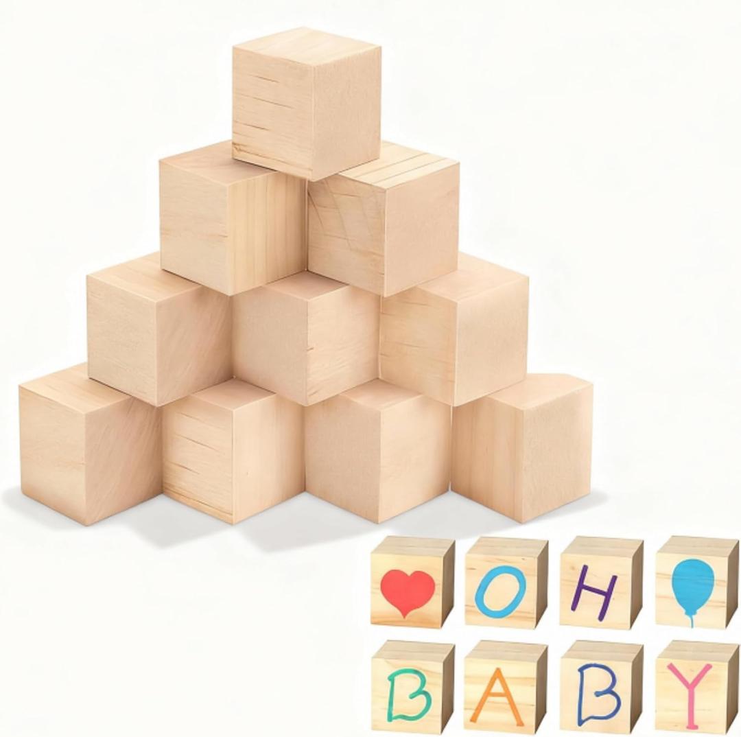 Barydat 10 Pcs 3.15 in Baby Shower Blocks to Decorate Game Large Unfinished Wooden Blocks for DIY Project Table Decor Wood Square Blank Cubes for Craft Party Decorations