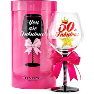50 and Fabulous Birthday Wine Glass for Women | Fun Gift for Woman Turning Fifty Years Old | Mom, Best Friend, Aunt, Cousin, Co-Worker | Big 23 oz, 8.8 Inch Wine Glass
