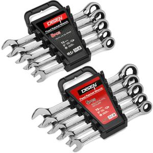 DISEN 10Pcs Ratcheting Wrench Set SAE & Metric Ratchet Wrench Set with Rack Organizer, Premium CR-v Steel, 12 Point, 72 Teeth, Box End and Open End Ratcheting Wrench Set, Metric 10-15mm&SAE 3/8''-5/8''