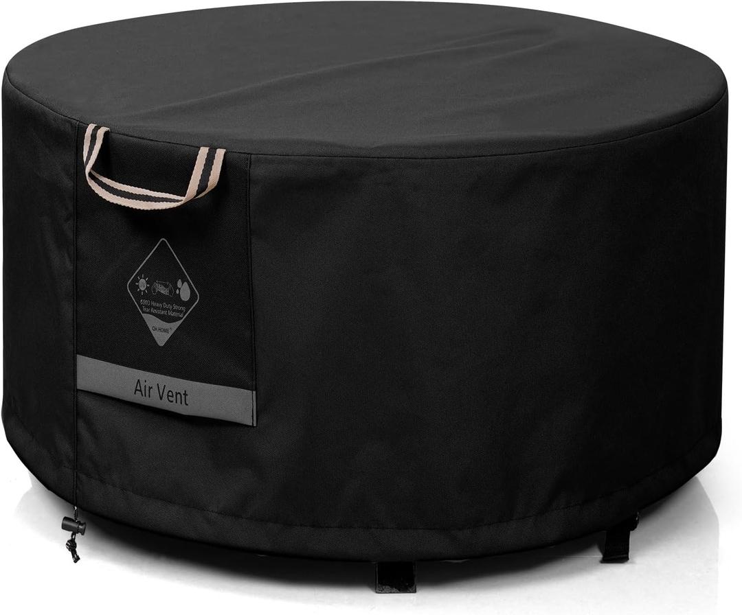 QH.HOME Fire Pit Cover Round, 100% Waterproof, 600D Strong Tear Resistant, Outdoor Firepit Covers Round Fits 34 inch ,35 inch,36 inch Fire Pit Cover, 36 Dia X 20H -Black 