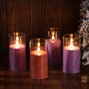 BBTO Christmas Flameless Advent Candles Set of 4, LED Advent Pillar Candles Battery Operated Purple Pink Acrylic Flameless Votive for Seasonal Celebration Rituals Festival Church Decor(3 x 6 Inches)