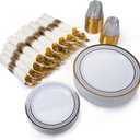 MONEST 350Pcs Blue and Gold Plastic Silverware Set for 50 Guests, Disposable Dinnerware Set includes: 50 Pre Rolled Napkins with Utensils, 50 Dinner Plates, 50 Dessert Plates, 50 Cups (Royal Sapphire)