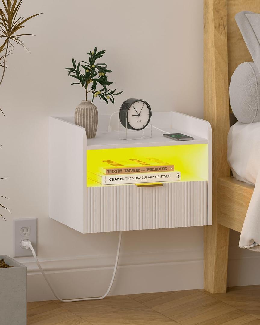White Floating Nightstand with Charging Station and LED Lights (White)