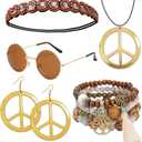 kasahara 5 Pcs Hippie Costume Accessories for Women 60s 70s Hippie Outfit Gifts Headband Peace Sign Necklace Earrings Bracelet Sunglasses