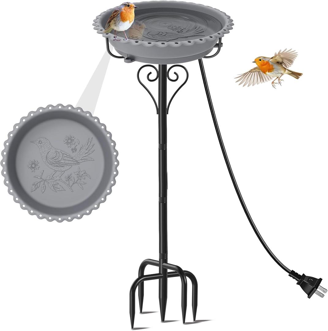 Heated Bird Bath for Outside Winter, Powerful 100W Thermostat Control Water Heated BirdBaths Bowl for Outdoors with 5-Prong Metal Base Heated Bird Bath for Garden Patio Yard Lawn (Gray) (Grey-Freestanding)