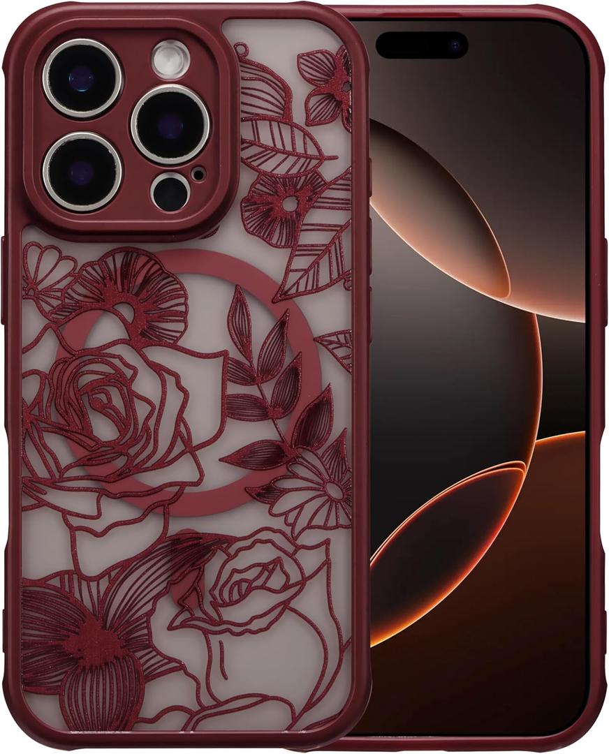 XIZYO Magnetic Case for iPhone 16 Pro Max Floral Rose Cute Phone Case [Compatible with Magsafe] for Women Girls Burgundy Aesthetic Pattern Slim TPU Shockproof Bumper Cover, Maroon
