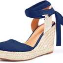 Ermonn Womens Espadrilles Wedge Sandals Platform Closed Toe Ankle Strap Lace Up Summer Shoes (Navy, M) Size: 7