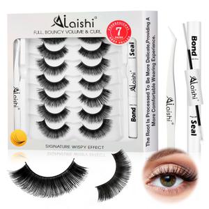 2 x Fluffy False Eyelashes Kit With Bond, Seal and Tweezer, 7 Pairs Natural Look Fake Cat Eye Lashes Strips Thin Band Extensions Waterproof Easy Eyelashes for Beginners DF79