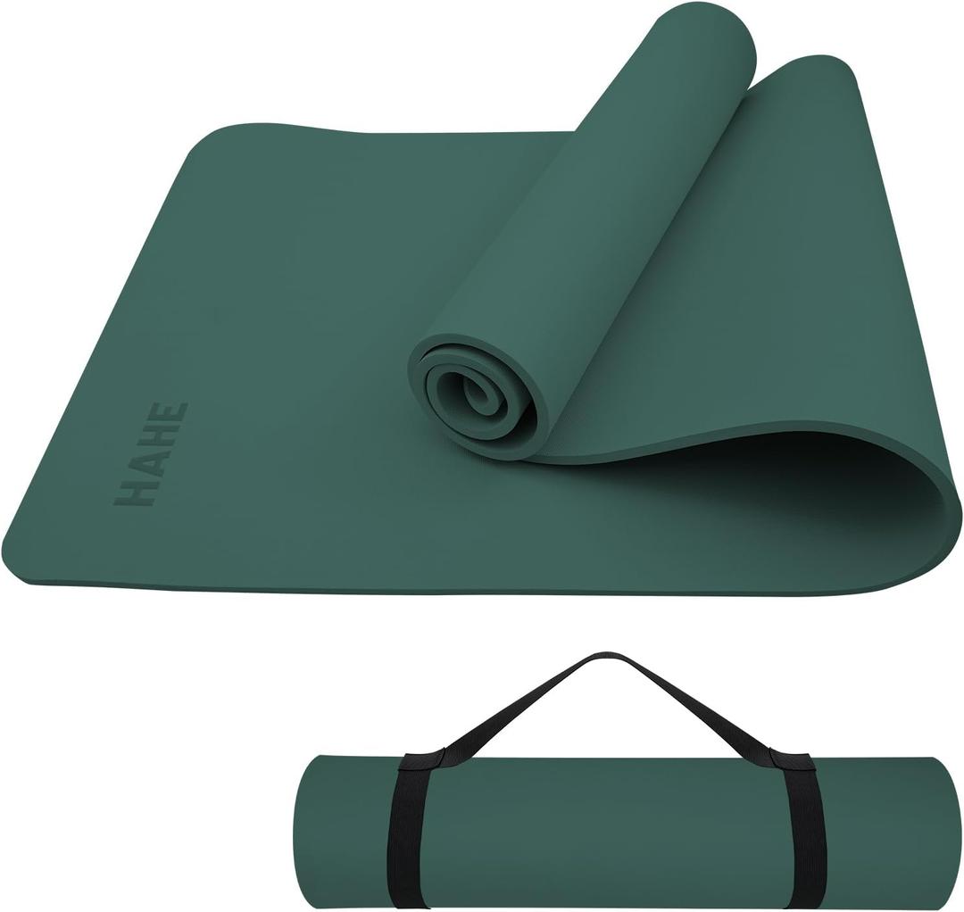 Non Slip Yoga Mat Thick (8MM,0.31"), POE Material High Rebound,Durable & Sweat Absorbent, for All Yoga Styles, Pilates & Home Floor Workouts (72" x 24") with Carrying Strap (Blackish green)